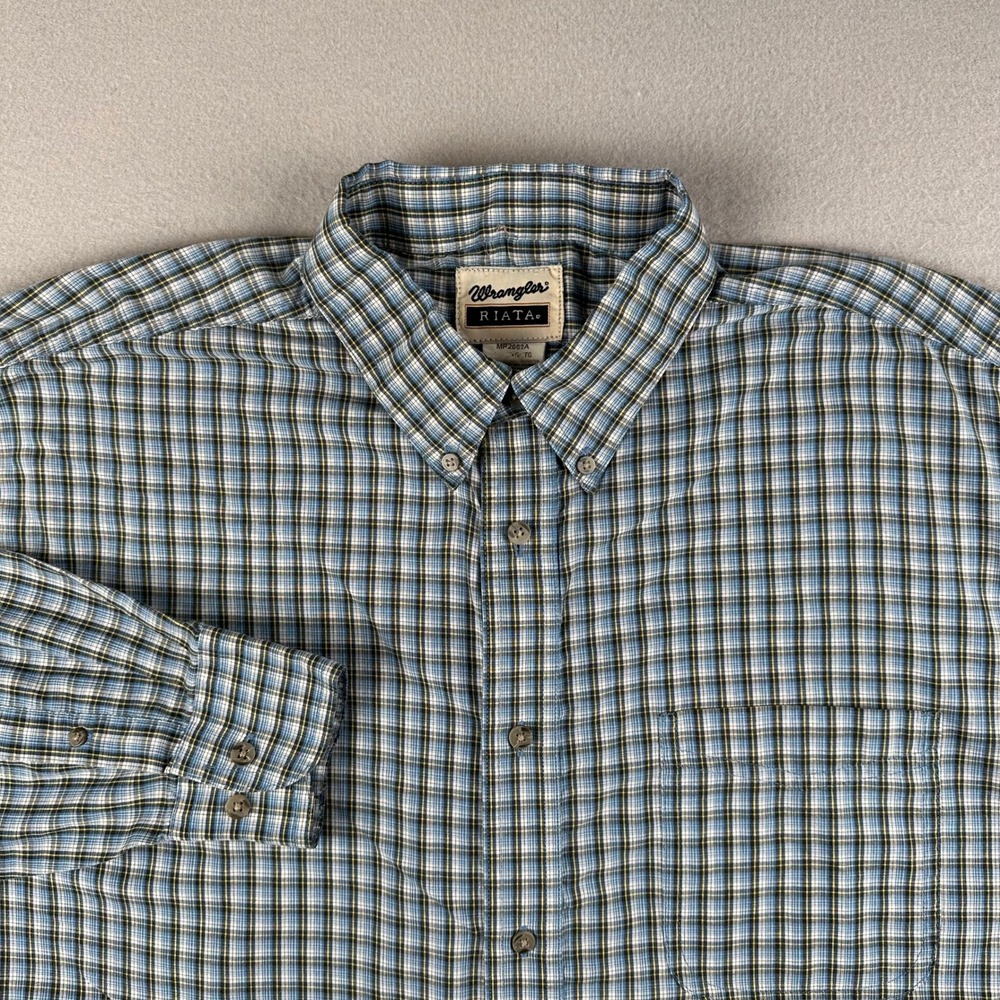 Wrangler Riata Button Down Shirt Mens XL Blue Plaid Western Long Sleeve MR2062A